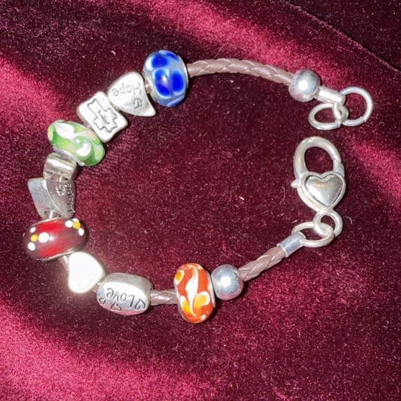 Kim Rogers Jewelry - Kim Rogers  Glass Beads Faith Charm Bracelet Leather Cord Silver  7" Multicolor